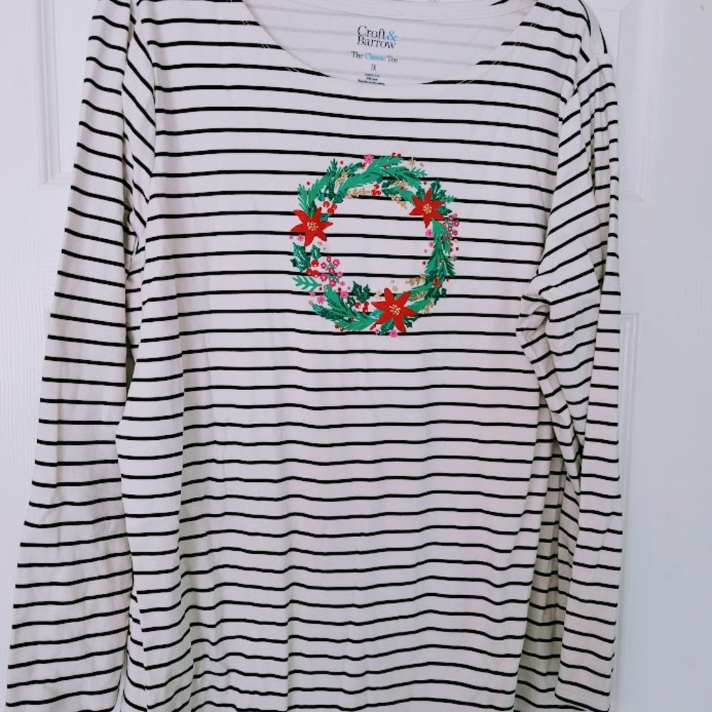Croft & Barrow‎ L/S striped holiday tee with wreath design Size 1X